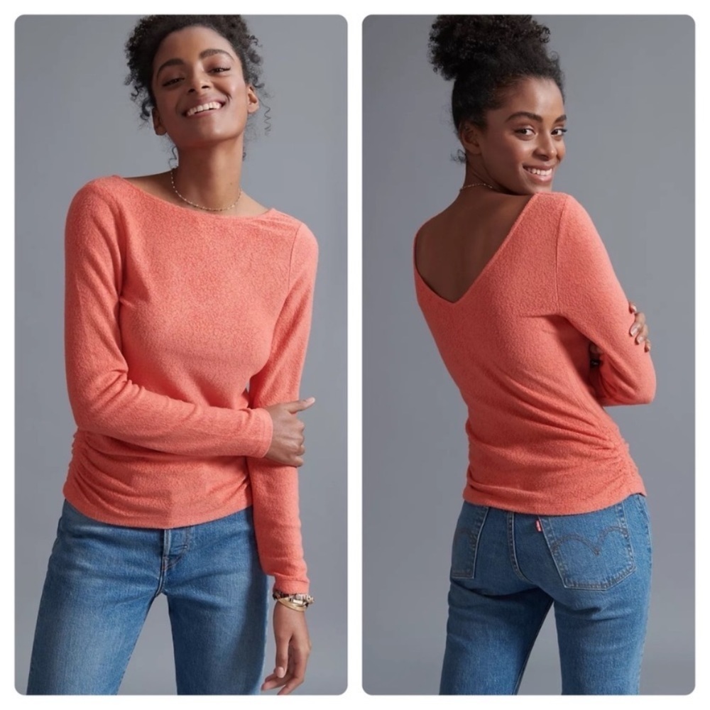 Anthropologie‎ Saturday Sunday Rhea Ruched Back V Neck Knit Top Coastal NWT L